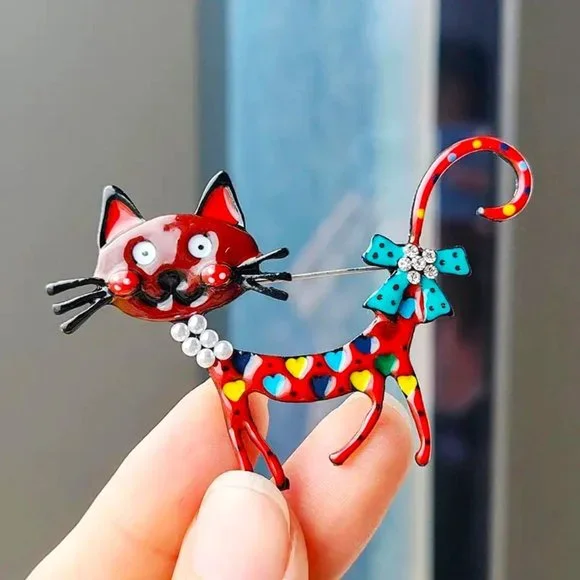 Cat Brooch Enamel Rhinestone Stylish Kitty Whimsical Heart Bow Pearl Fun Trendy - Picture 2 of 4